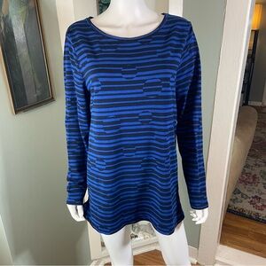 Chico's Zenergy Geometric Black Blue Striped Long Sleeve Top Tunic Shirt Blouse